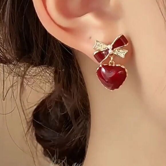 💲6️⃣ Bundled ✔️Bauble Heart-Shaped Dangle Red Gold Heart Earrings - Picture 8 of 10